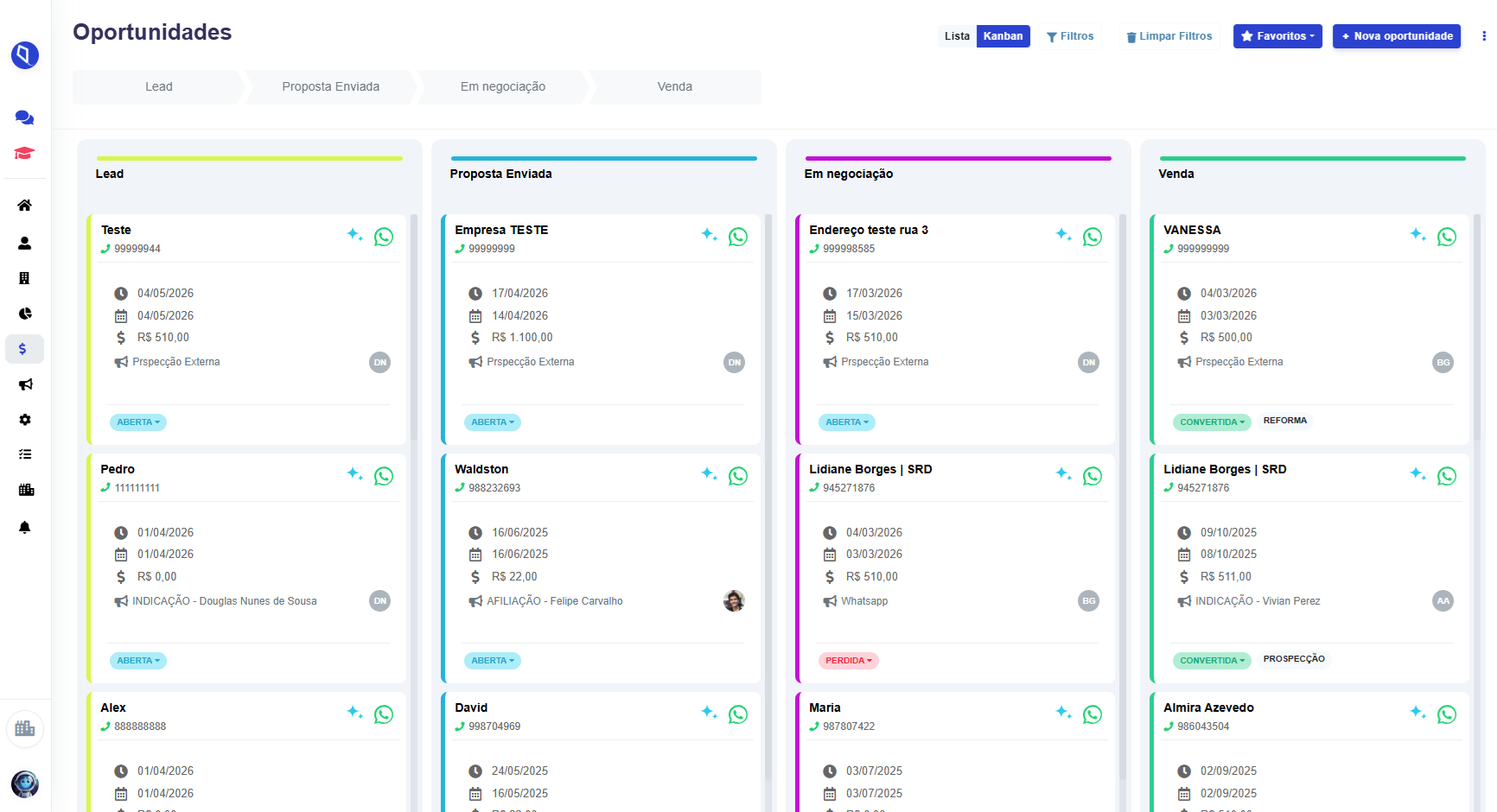 Playnee — Kanban de oportunidades